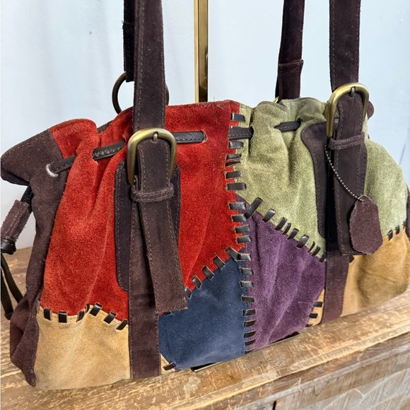 70's Retro Red Bohemian Style Suede Patchwork Leather Satchel Hobo Shoulder Bag - Picture 4 of 9